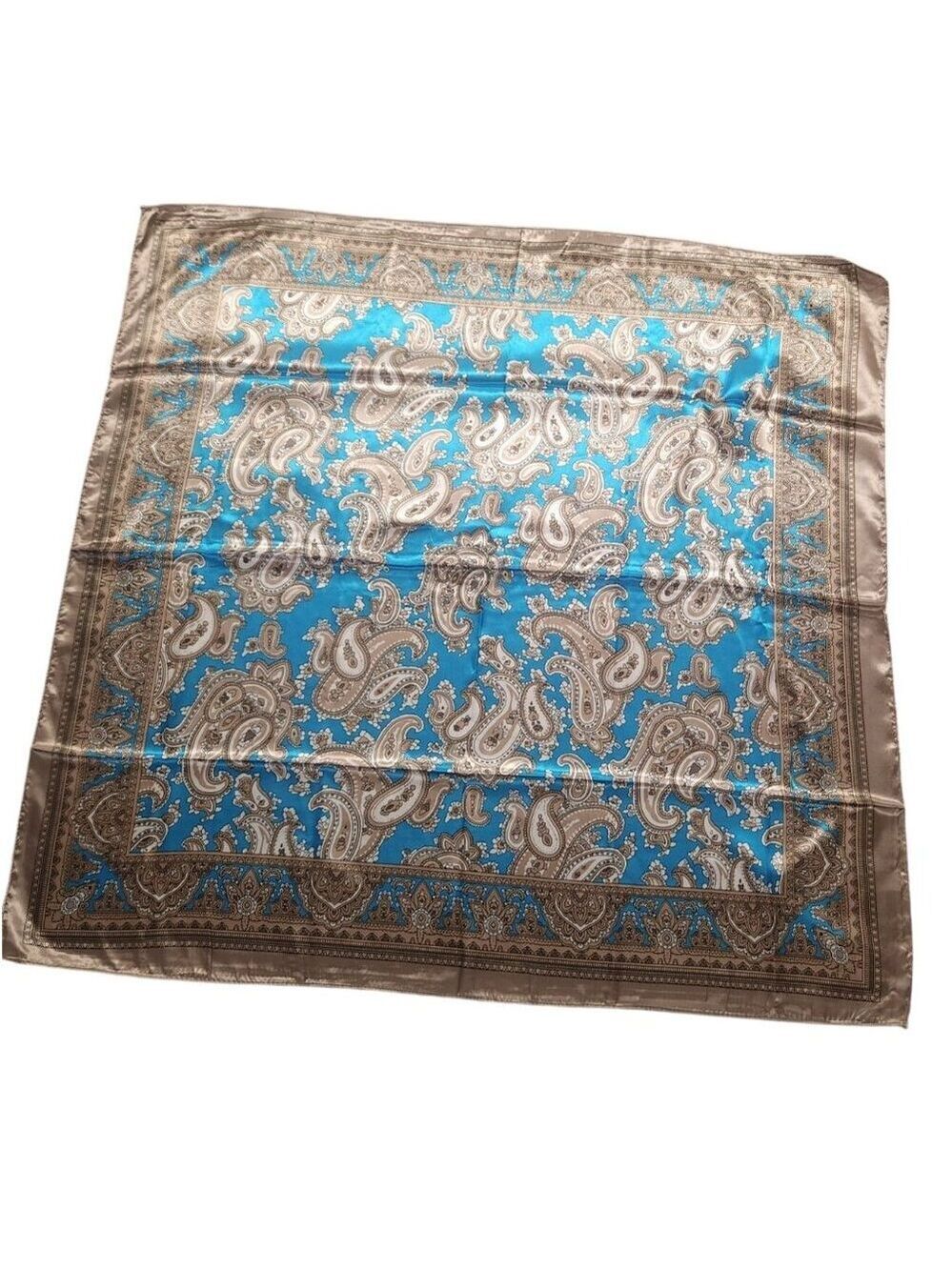 Square Satin  34" Scarf In Turquoise & Tan Paisley Print Wild Rag